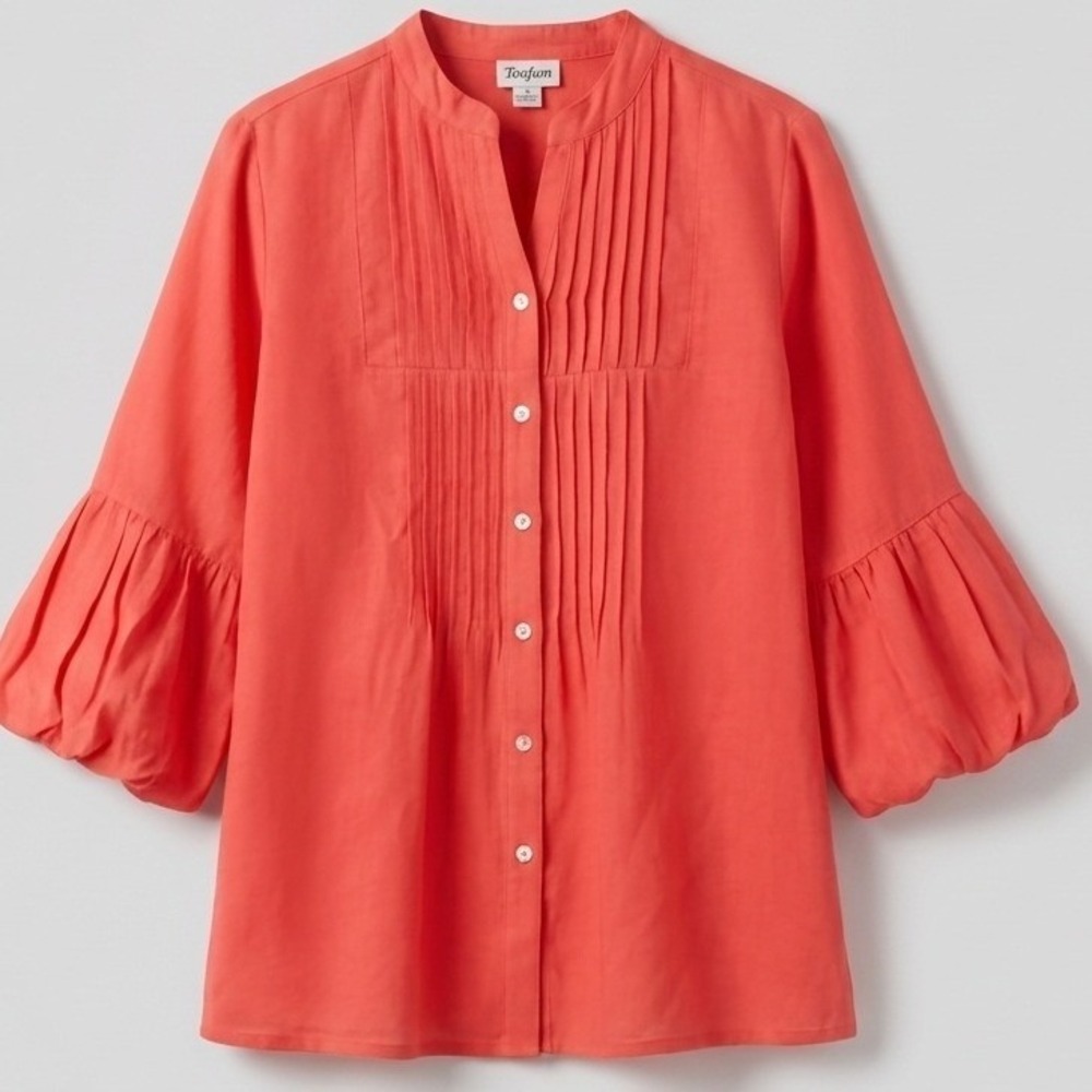 Linen Pintuck Button Down Shirt Coral Orange Bell Sleeve Cottagecore Lagenlook